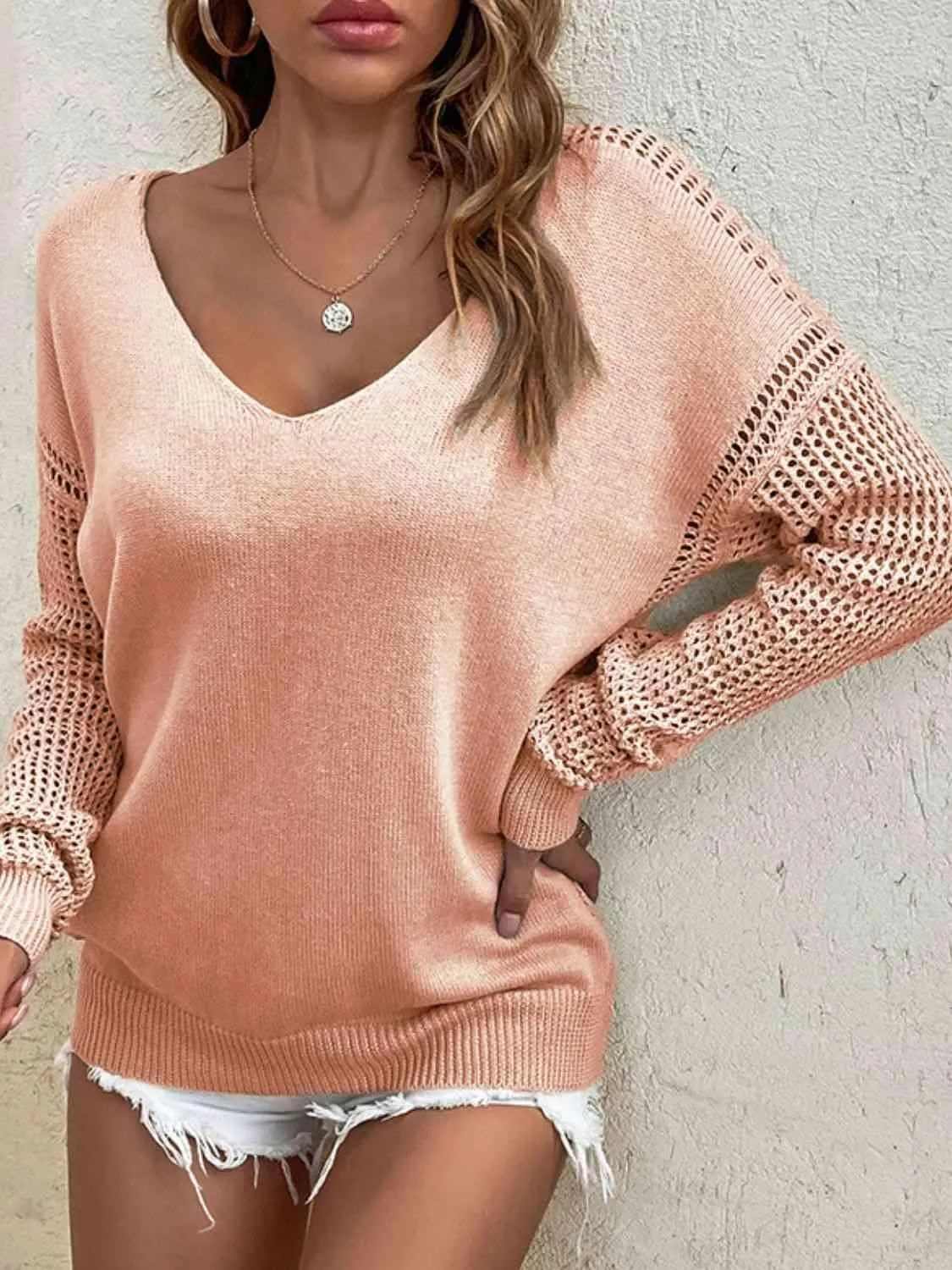 Warm Aesthetic Open Knit V Neck Pullover Sweater