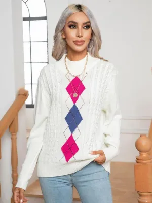 Warm And Refined Mock Neck Geometric Pattern Sweater