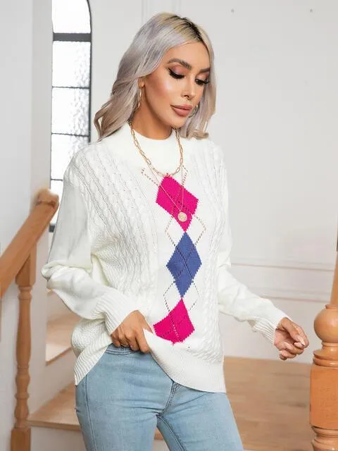 Warm And Refined Mock Neck Geometric Pattern Sweater