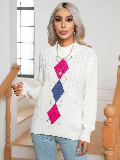 Warm And Refined Mock Neck Geometric Pattern Sweater