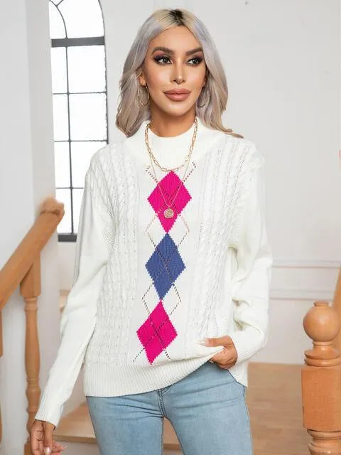 Warm And Refined Mock Neck Geometric Pattern Sweater