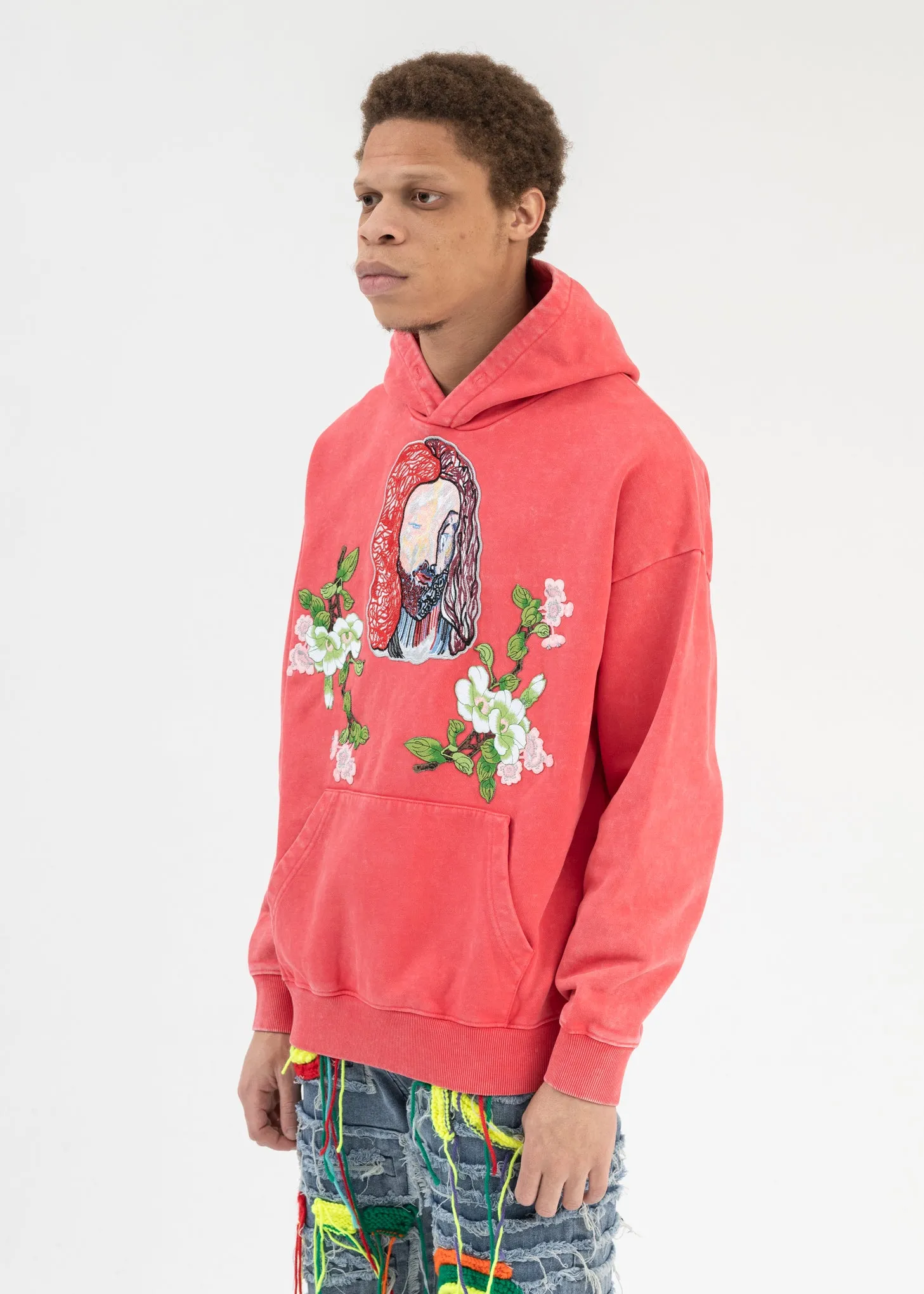 WASHED RED EMBROIDERY PATCHWORK  HOODIES