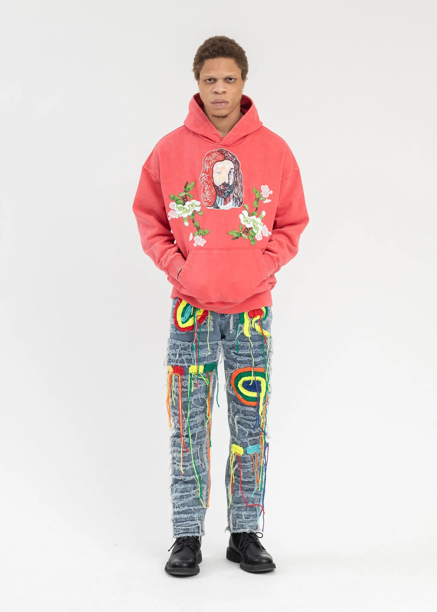 WASHED RED EMBROIDERY PATCHWORK  HOODIES