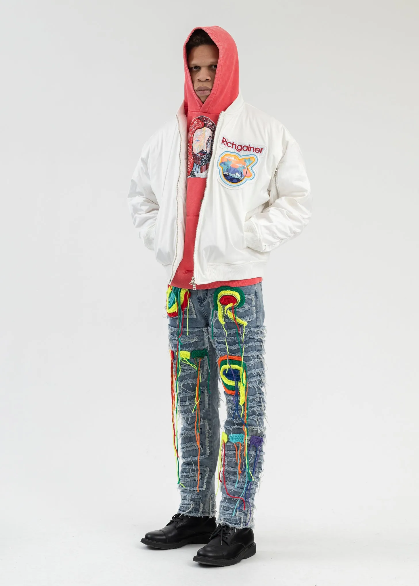 WASHED RED EMBROIDERY PATCHWORK  HOODIES