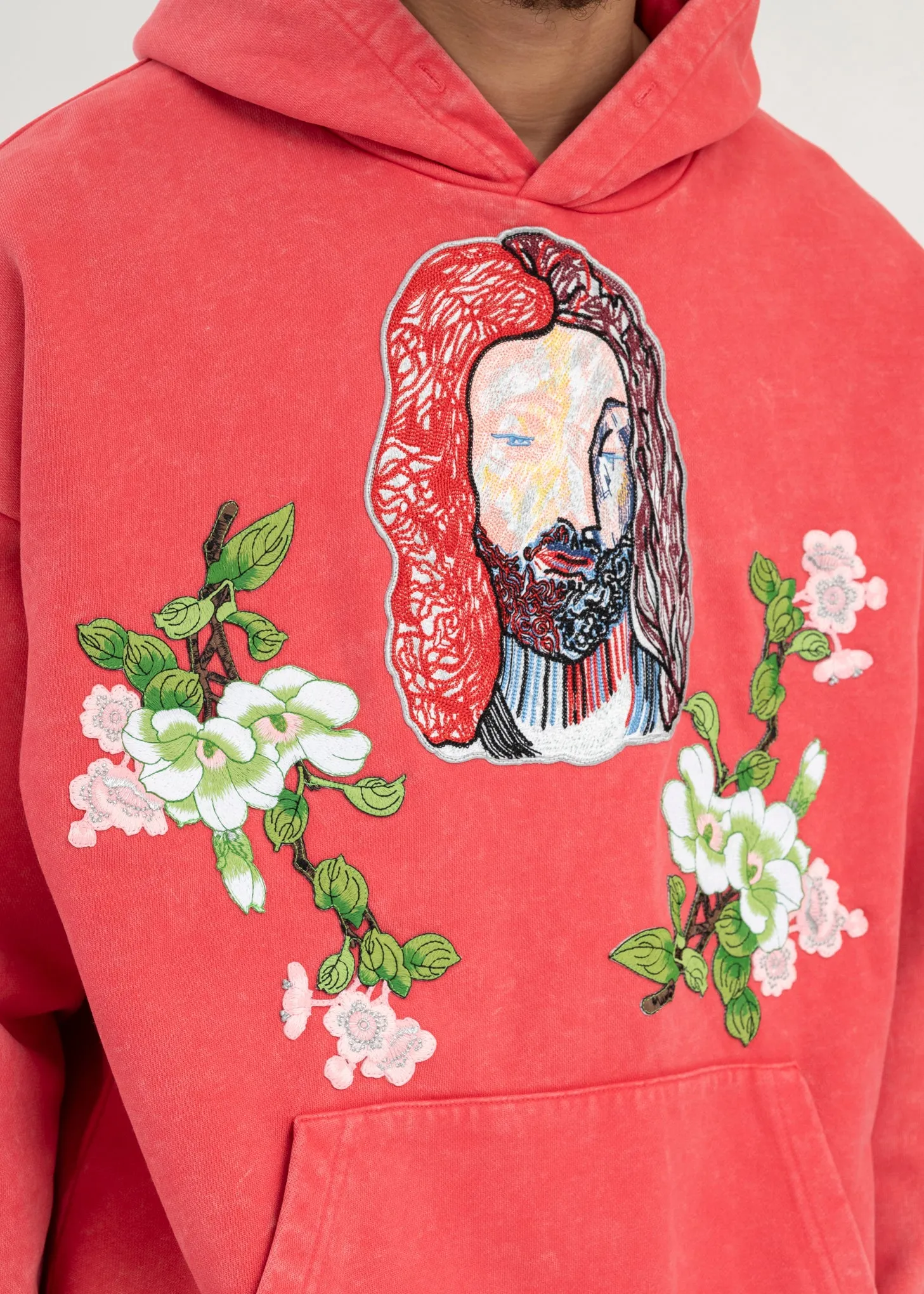 WASHED RED EMBROIDERY PATCHWORK  HOODIES