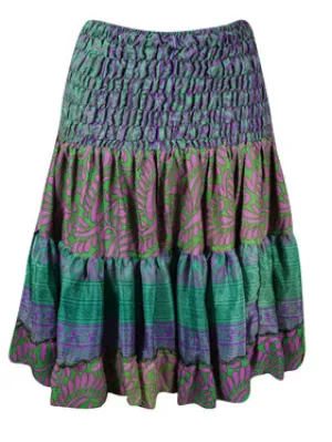 Womens Bohemian Ruched Skirt Green Printed Beach Ruffle Skirts S/M