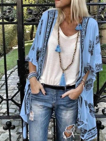 Women's Cardigans Vintage Print Mid Sleeve Cardigan