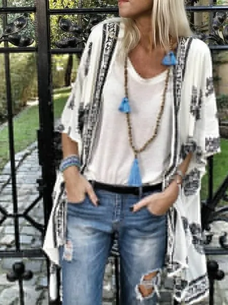 Women's Cardigans Vintage Print Mid Sleeve Cardigan