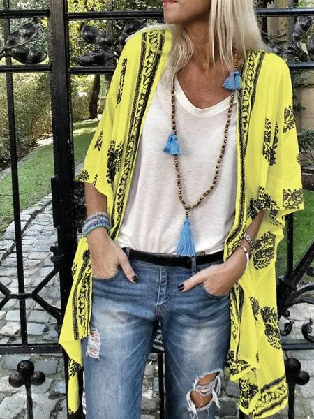 Women's Cardigans Vintage Print Mid Sleeve Cardigan