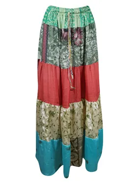 Womens Flared Skirt Green Floral Maxi Skirt Patchwork Boho Skirts S/M