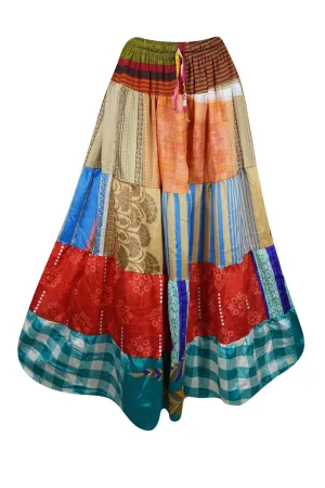 WomenS Maxi Skirt, Red Multi Patchwork  Beach Cover Up Skirts S/M/L