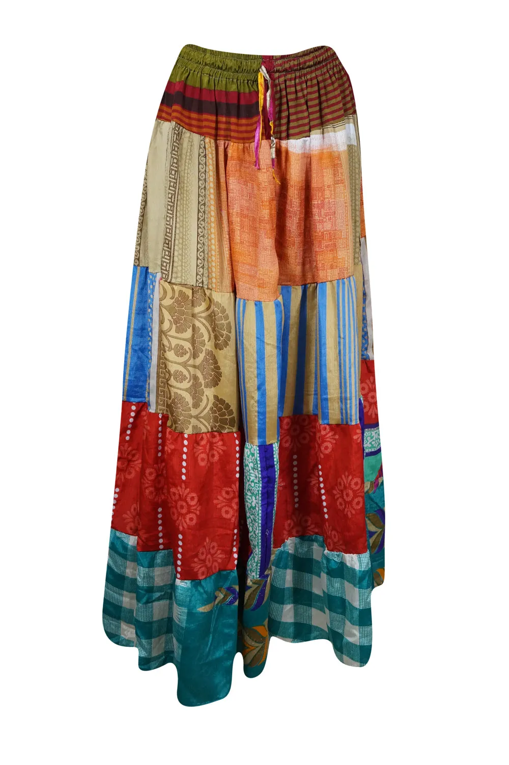 WomenS Maxi Skirt, Red Multi Patchwork  Beach Cover Up Skirts S/M/L