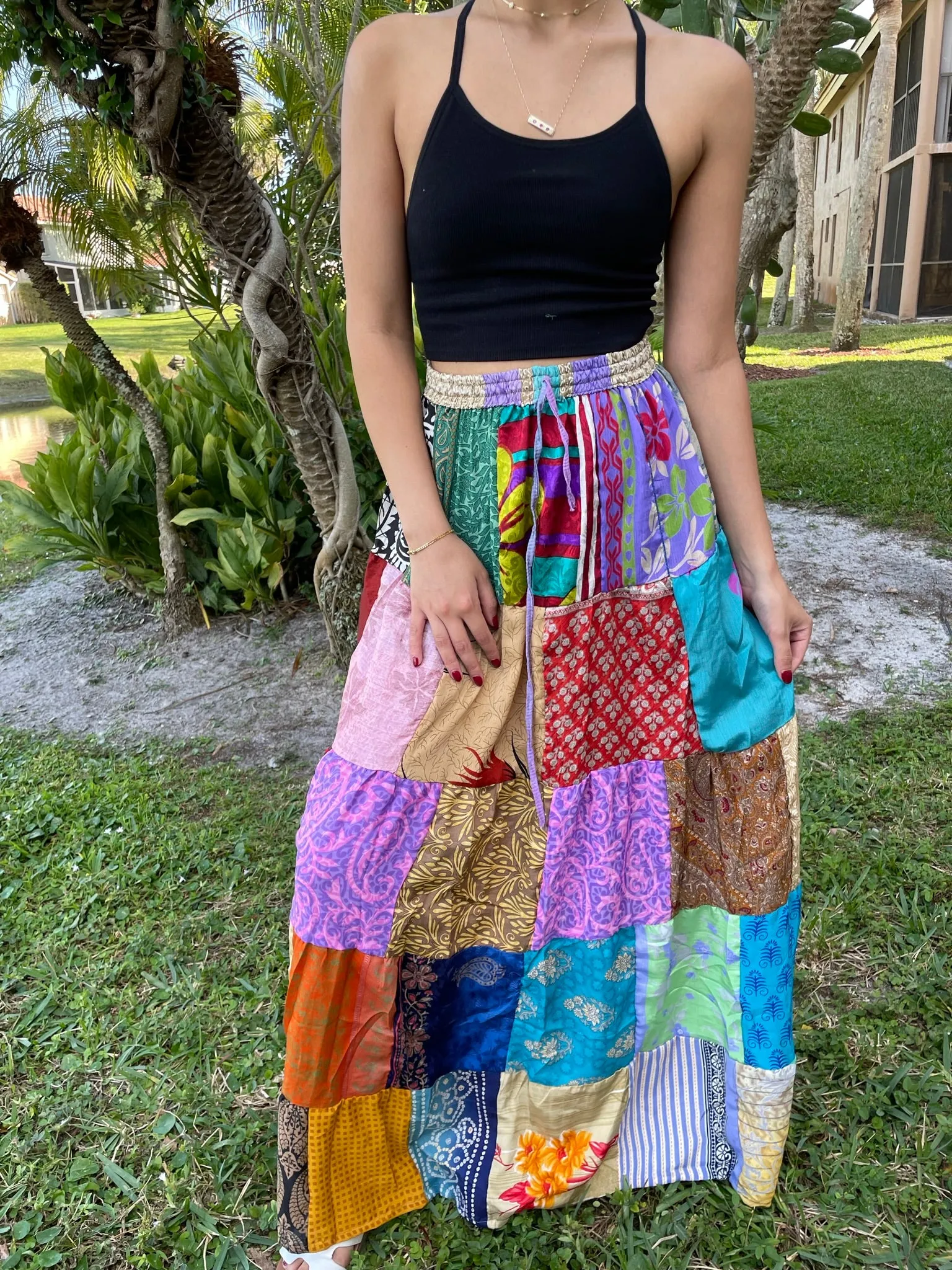 WomenS Maxi Skirt, Red Multi Patchwork  Beach Cover Up Skirts S/M/L