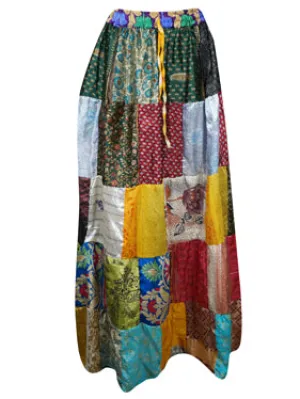 Womens Patchwork Maxi Skirt, Beach Hippy Recycle Silk Sari Gypsy Skirt S/M