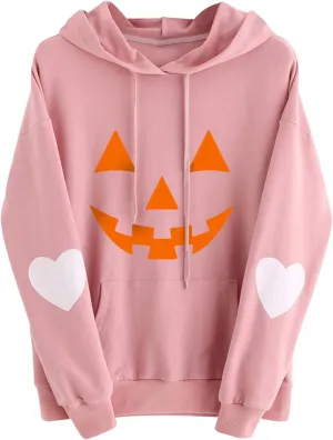 Womens Plus Size Halloween Hoodies Funny Pumpkin Printed Hooded Sweatshirts with Pocket Long Sleeve Oversized Shirts