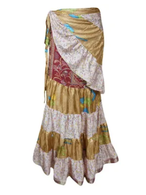 Womens Silk Wrap Skirt, Beige White Tiered Maxi Skirt One size