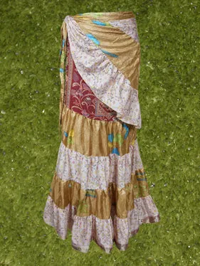 Womens Silk Wrap Skirt, Beige White Tiered Maxi Skirt One size