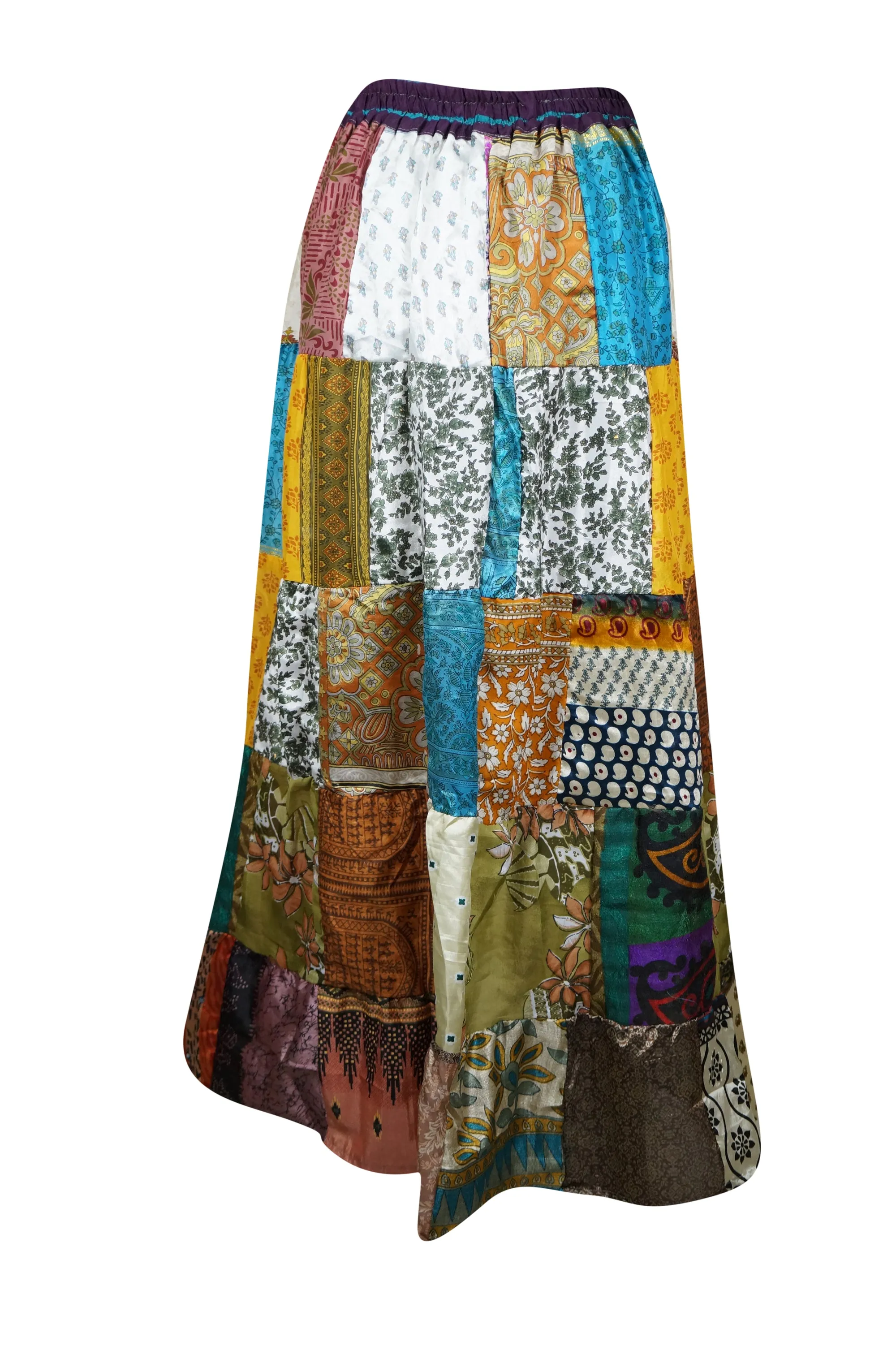 Womens Summer Silk Skirts, Multi Brown Lightweight Recycle Silk Sari Beach Skirts SM