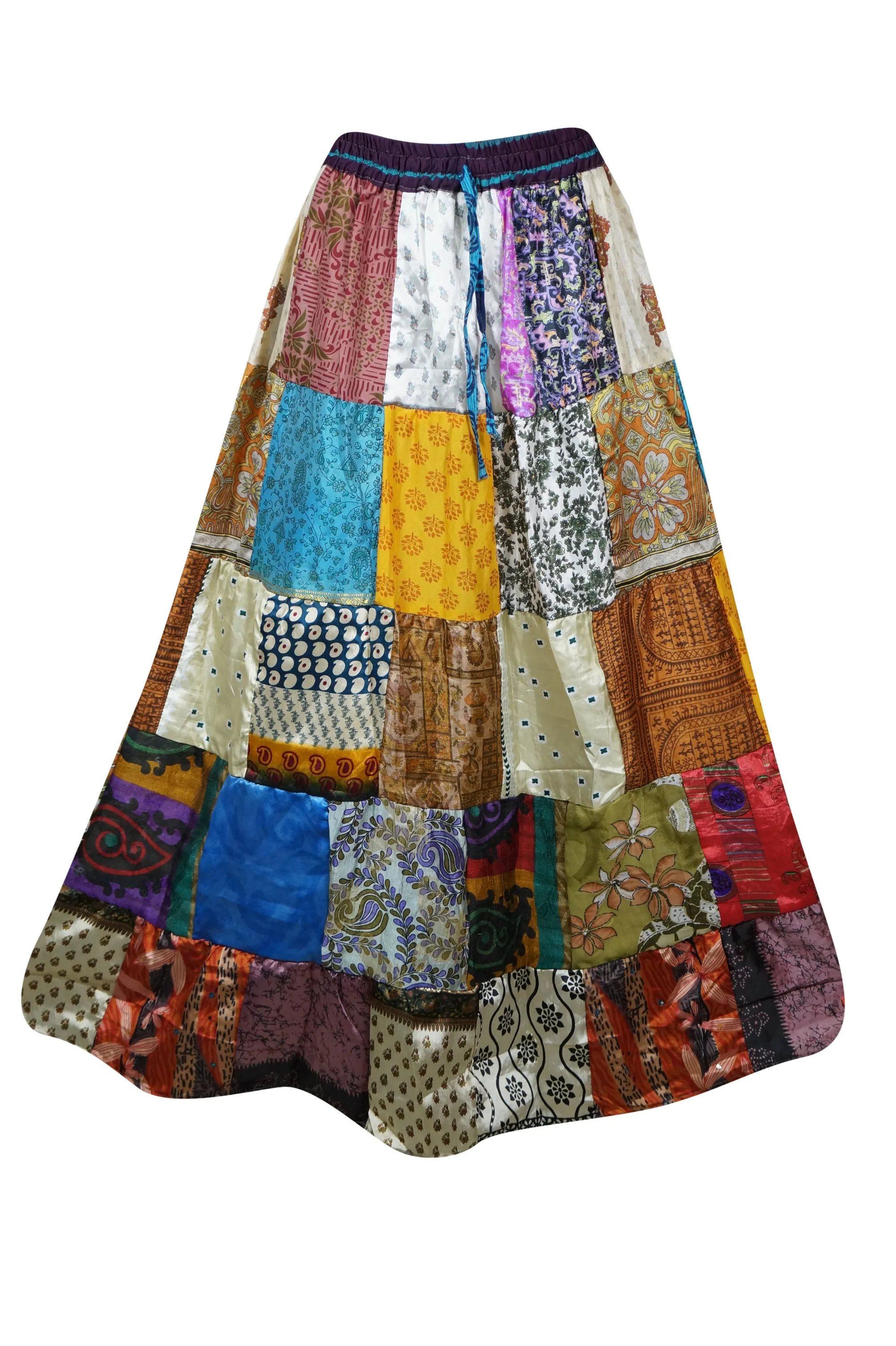 Womens Summer Silk Skirts, Multi Brown Lightweight Recycle Silk Sari Beach Skirts SM