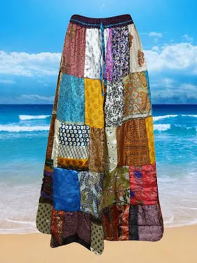 Womens Summer Silk Skirts, Multi Brown Lightweight Recycle Silk Sari Beach Skirts SM