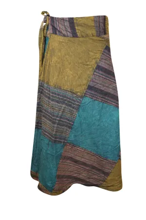 Wrap Around Skirts Cotton Green Blue Patchwork Midi Skirts One size