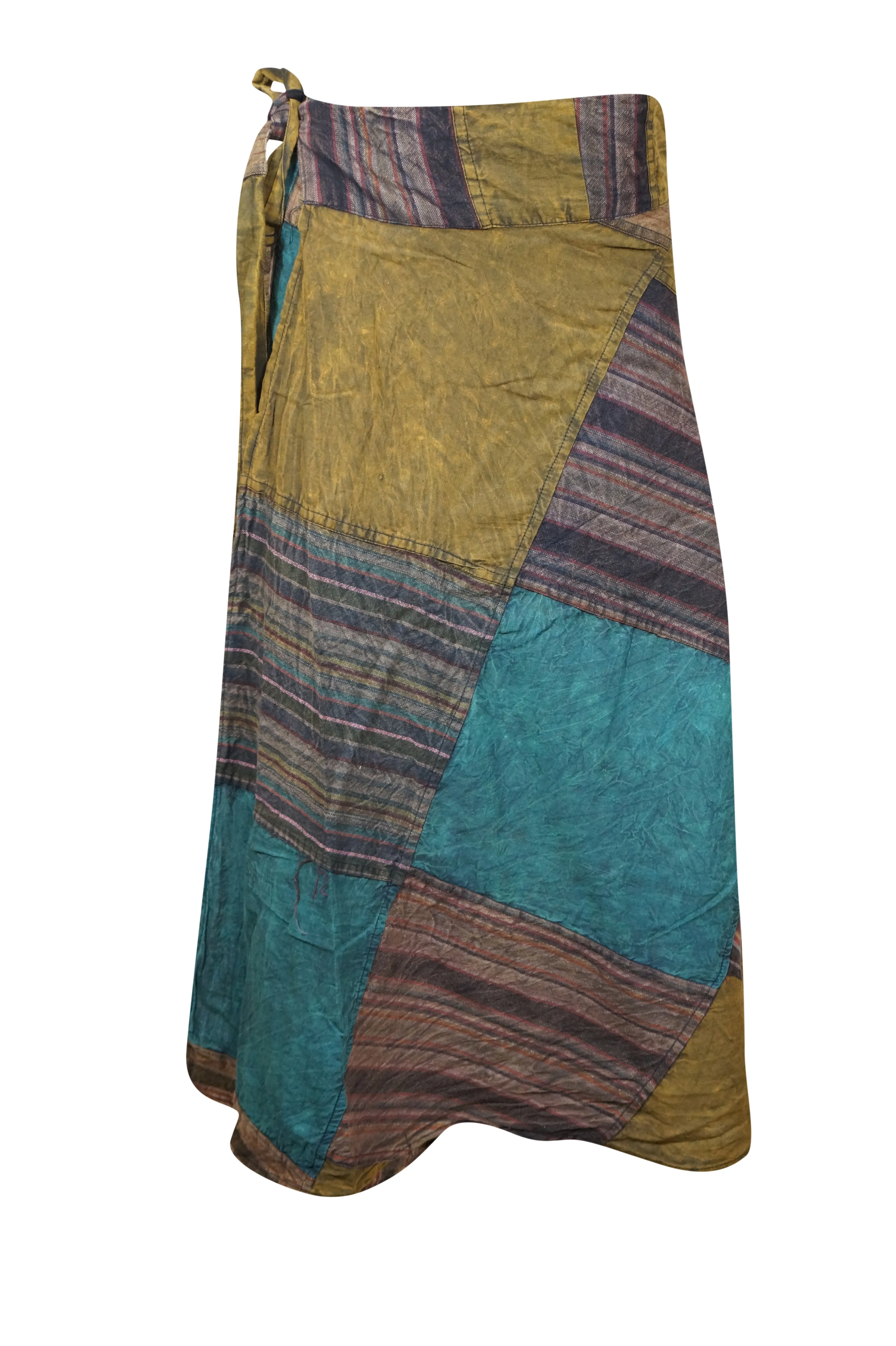Wrap Around Skirts Cotton Green Blue Patchwork Midi Skirts One size